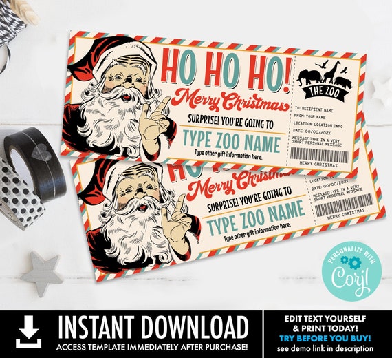 Santa Zoo Gift Certificate, Wild Animal Park Gift Ticket, Gift Voucher, Ho Ho Ho! | Self-Edit with CORJL-INSTANT Download Printable