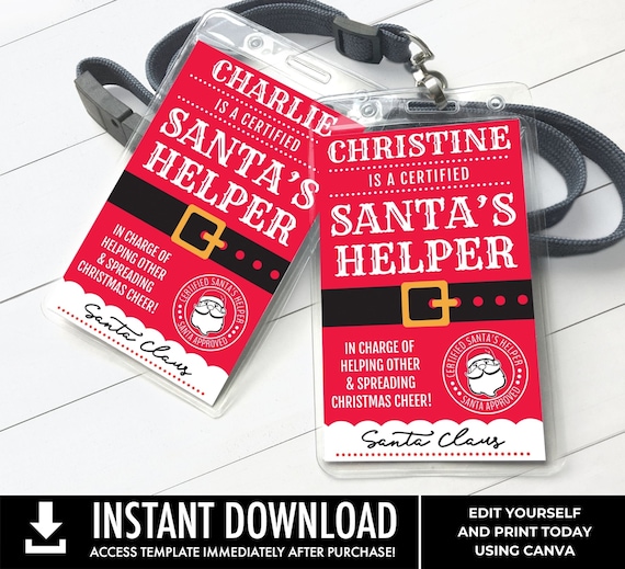 Santa's Helper Badge, VIP badge, Santa's Nice List, ID Badge Santa Elf Surveillance Helper | Edit with CANVA - Instant Download Printable
