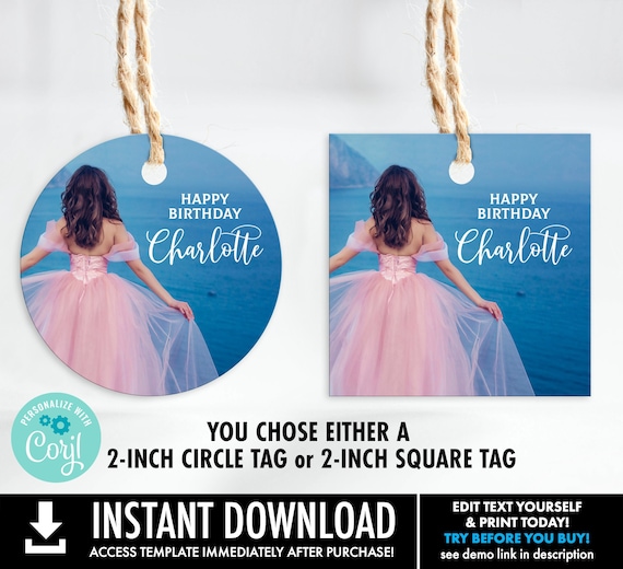 Personalized Photo Tag - 2" Photo Party Favor Tag, Circle or Square Thank You Tag | Self-Edit Text with CORJL - INSTANT Download Printable