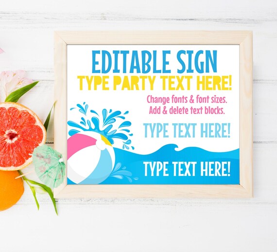 Pool Party Sign - 10x8 Sign Summer Party, Beach Party, Personalized Sign-Pink | Edit with CANVA - INSTANT DOWNLOAD Printable