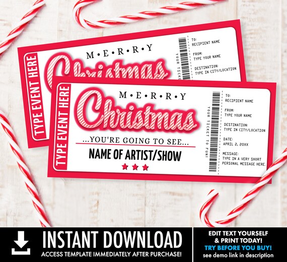 Christmas Concert Ticket Gift -Surprise Concert,Show,Performance,Artist,Gift Certificate | Self-Edit with CORJL - INSTANT DOWNLOAD Printable Il_570xn