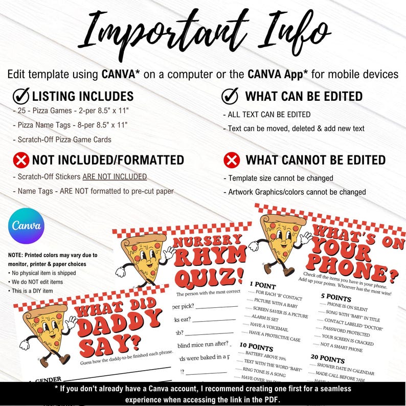 May include: Printable pizza-themed game cards for a baby shower or party. The cards feature a cartoon pizza with a face and the text "What's on your phone?" and "What did daddy say?"  The cards are designed to be edited using Canva.