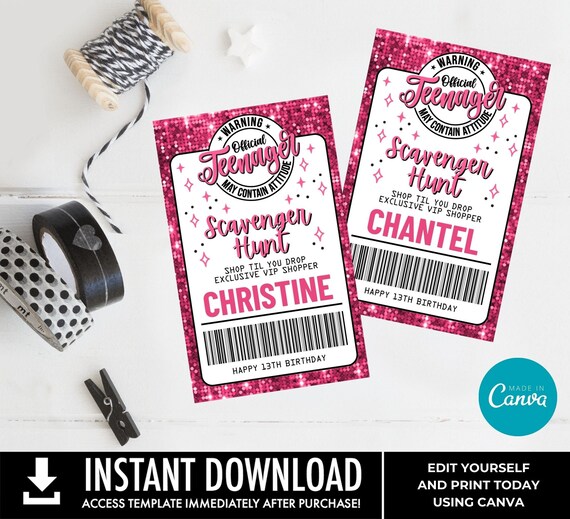 Warning Official Teenager Scavenger Hunt VIP All Access Badges, Scavenger ID Badges, Mall Scavenger | Edit using Canva - INSTANT Download