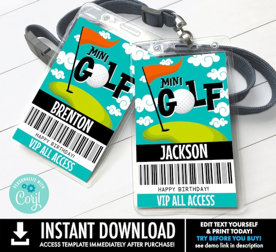 Mini Golf Party VIP Badge,All Access Pass, ID Badge, Hole in One Party | Self-Edit with CORJL–Instant Download Printable