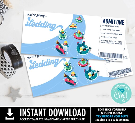 Snow Sledding Gift Certificate, Sledding Surprise Gift Voucher | Self-Edit with CORJL - INSTANT DOWNLOAD Printable Template