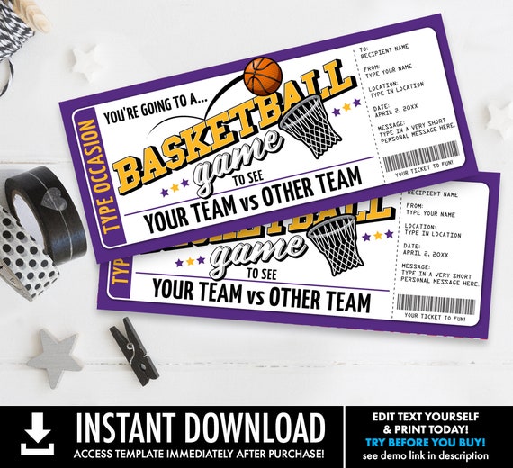 Basketball Ticket Gift Editable Template - Surprise Basketball Game Ticket, Any Occasion | Self-Edit with CORJL - INSTANT DOWNLOAD Printable