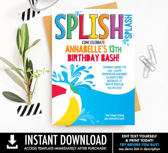 Pool Party Invitation - Slip n' Slide Party, Beach Party, Summer Birthday | Self-Edit with CORJL - INSTANT DOWNLOAD Printable Template