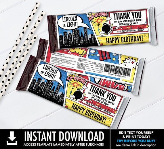 Superhero KING Size Candy Bar Wrappers - Superhero Favor,Chocolate Labels,Birthday Party | Self-Edit with CORJL - Instant DOWNLOAD Printable