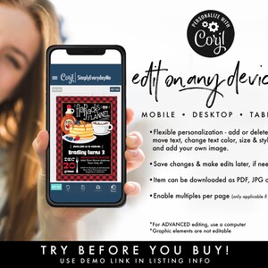 May include: A digital phone screen displaying a printable invitation for a birthday party. The invitation features a red and black plaid background with a graphic of pancakes and a mug of hot chocolate. The text on the invitation reads "Flapjacks and Flannel" and "Bradley turns 3".