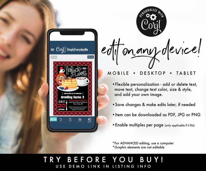 May include: A digital phone screen displaying a printable invitation for a birthday party. The invitation features a red and black plaid background with a graphic of pancakes and a mug of hot chocolate. The text on the invitation reads "Flapjacks and Flannel" and "Bradley turns 3".