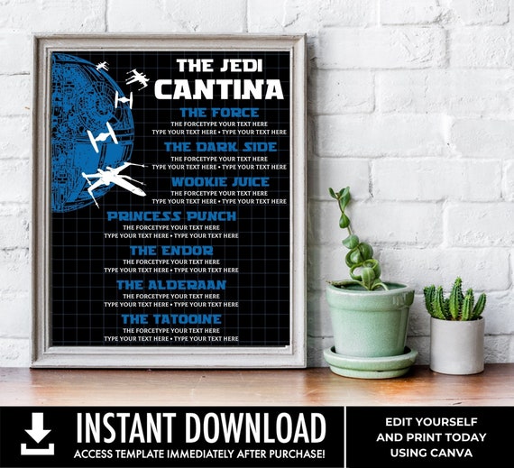 Star Fighter Cantina Drink Menu, Jedi Star Interstellar Wars Birthday Party Decoration, Tie-Fighter Blue | Edit with CANVA–Instant Download