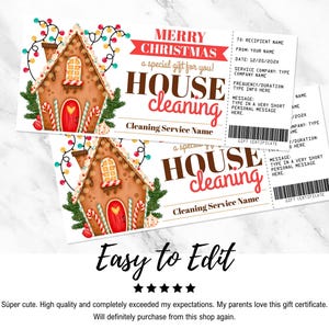 Peut inclure: Un ch&egrave;que-cadeau de No&euml;l imprimable pour un service de nettoyage de maison. Le ch&egrave;que-cadeau pr&eacute;sente une illustration de maison en pain d'&eacute;pices avec des cannes en sucre rouge et blanc et une guirlande de lumi&egrave;res color&eacute;es. Le texte indique "Joyeux No&euml;l, un cadeau sp&eacute;cial pour vous&nbsp;! Nettoyage de maison".