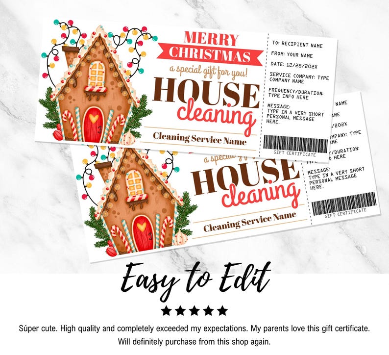 Peut inclure: Un ch&egrave;que-cadeau de No&euml;l imprimable pour un service de nettoyage de maison. Le ch&egrave;que-cadeau pr&eacute;sente une illustration de maison en pain d'&eacute;pices avec des cannes en sucre rouge et blanc et une guirlande de lumi&egrave;res color&eacute;es. Le texte indique "Joyeux No&euml;l, un cadeau sp&eacute;cial pour vous&nbsp;! Nettoyage de maison".