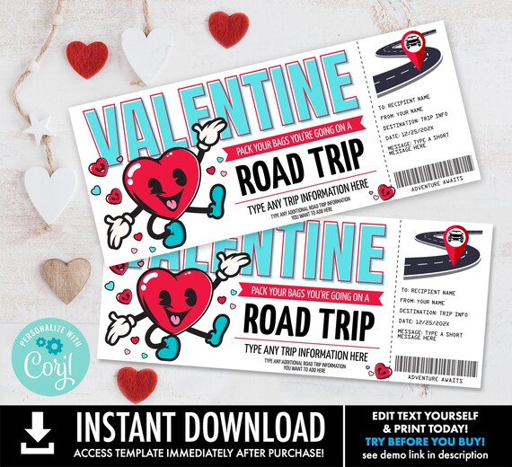 Valentine's Day Road Trip, Surprise Trip, Gift Reveal, Weekend Getaway, Driving Vacation  | Self-Edit with CORJL-INSTANT DOWNLOAD Printable