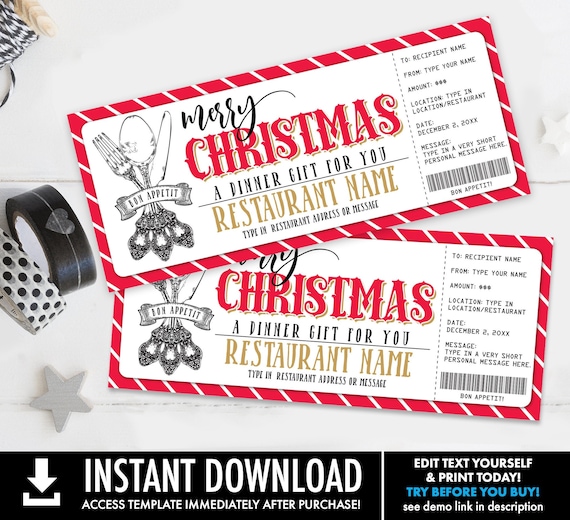 Christmas Restaurant Gift Voucher, Dinner Gift, Gift Certificate, Gift of a Night Out | Self-Edit with CORJL - INSTANT DOWNLOAD Printable