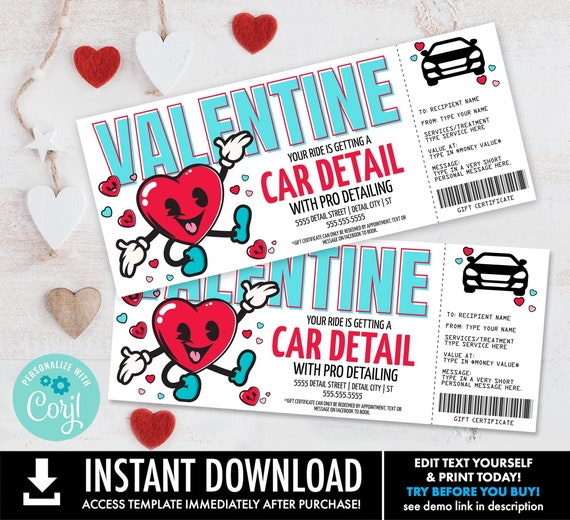 Valentines Day Car Detailing Gift Certificate, Car Detail Surprise Gift, Window Tints | Personalize using CORJL-INSTANT DOWNLOAD Printable