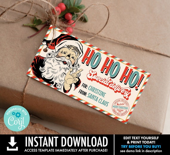 Retro Santa Special Delivery Tag, Gift From Santa, Christmas Gift Tag, Homemade Treat Tag | Self-Edit with CORJL-INSTANT Download Printable