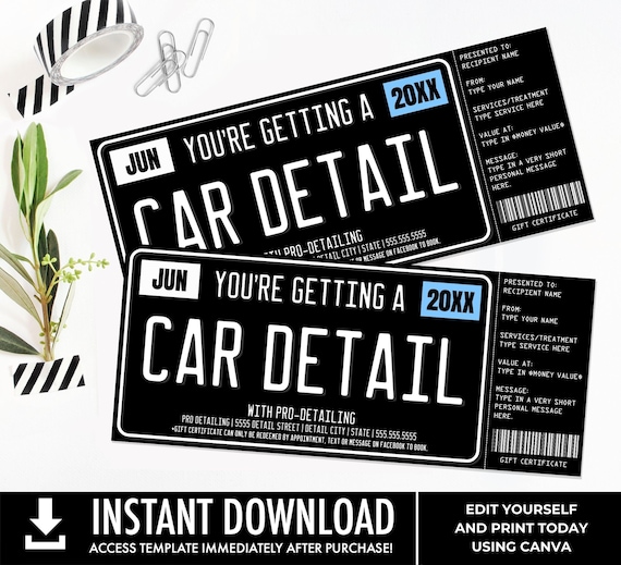 Car Detailing Gift Certificate, License Plate Car Detail Surprise Gift Voucher | You Personalize with CANVA - INSTANT DOWNLOAD Printable