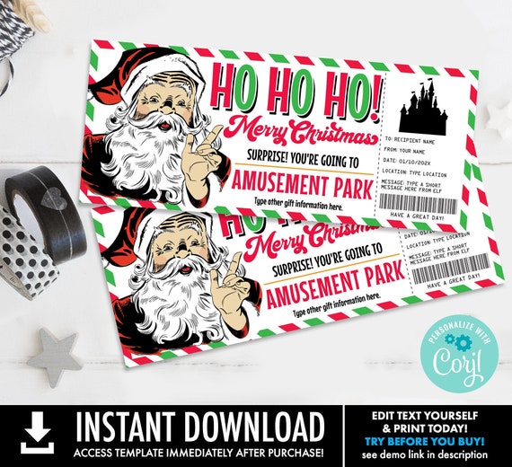 Retro Santa Amusement Park Gift Certificate Amusement Park Gift Ticket,Theme Park Voucher | Self-Edit with CORJL-INSTANT Download Printable