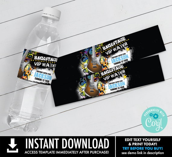 Rockstar Party Water Bottle Label/Wrap-Party like a Rockstar-Rock n Roll Birthday | Self-Edit with CORJL-INSTANT DOWNLOAD Printable Template