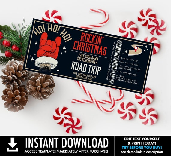 Santa Christmas Road Trip Surprise Ticket Gift Voucher, Rockin Santa Road Trip Holiday Vacation | Personalize using CORJL–INSTANT DOWNLOAD