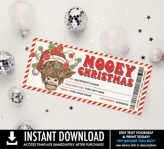 Mooey Christmas Gift from Santa for Any Christmas Gift, Gift Voucher or Elf Gift | You Personalize using CORJL-INSTANT Download Printable