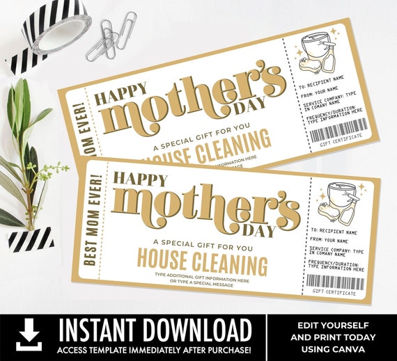 Mother's Day House Cleaning Service Editable Golden Ticket Template, Gift Certificate, Surprise Cleaning Coupon | Edit with CANVA-Printable