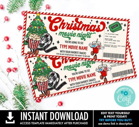 Retro Christmas Movie Ticket Gift Certificate, Movie Night Gift Voucher, Family Night | Self-Edit with CORJL-INSTANT DOWNLOAD Printable