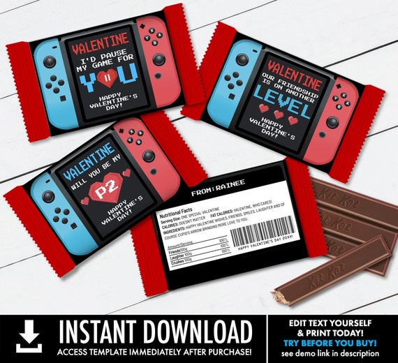 VALENTINE Switch Kit Kat Candy Bar Label/Wrapper - 3 Different Video Game Candy Labels | Self-Edit with CORJL - INSTANT Download Printable Il_570xn