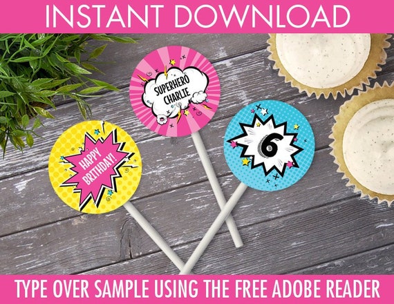 Superhero 2" Cupcake Circles PINK, Superhero Party, Superhero Birthday, 2" Cupcake Toppers | DIY Instant Download PDF Printable Il_570xn