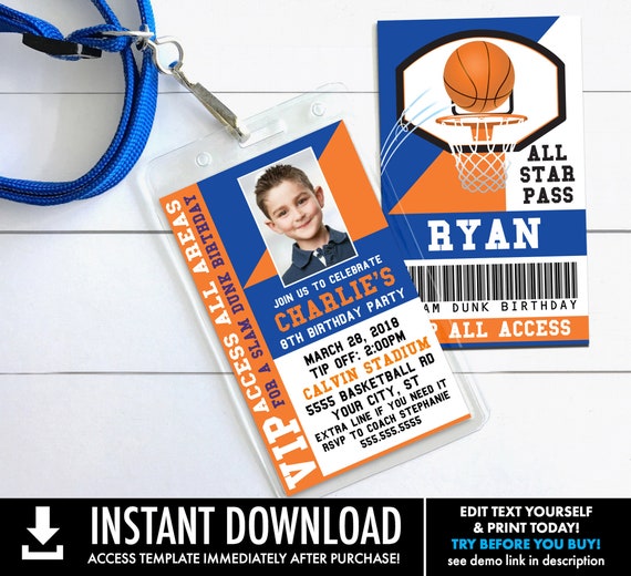 Basketball VIP ID Badge Invitation - Photo Basketball Invite Badge,All Star-2 Sizes | Self-Edit Text with CORJL - Instant Download Printable