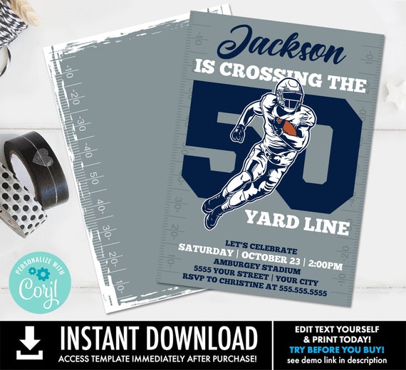 50th Football Party Invitation - Crossing the 50 Yard Line,50th Birthday,Tailgate Invite | Self-Edit with CORJL - INSTANT DOWNLOAD Printable