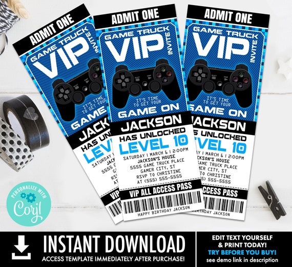 Video Game Truck Ticket Invitation Gamer Birthday Partygame Etsy