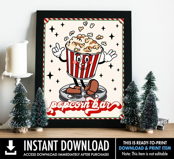 Retro Christmas Popcorn Bar Sign,Christmas Movie Decor,Popcorn Sign,Family Movie Night | Ready-To-Print INSTANT Download Printable