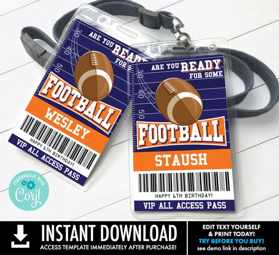 Football VIP Badge - All Access Pass, Sports Badge, Lanyard Badge, Party Favor | Self-Edit with CORJL - INSTANT Download Printable Template