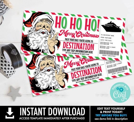 Christmas Cruise Boarding Pass Gift Certificate, Vacation Gift Voucher, Cruise Ticket Gift | Self-Edit with CORJL-INSTANT Download Printable