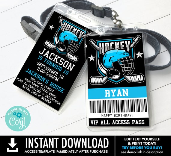 Hockey Party Invitation Badge, Hockey VIP Badge, Hockey Birthday Invite | Personalize using CORJL - INSTANT Download Printable Template