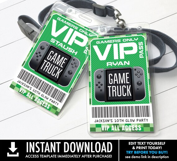 Video Game Badges - VIP Video Game I.D. Badges, Video Game Birthday, ruck Party | Self-Edit with CORJL - INSTANT Download Printable Template Il_570xn