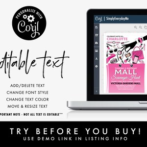 May include: A pink and black printable invitation for a mall scavenger hunt birthday party. The invitation features a hand holding a pink purse with makeup and other accessories. The text on the invitation reads "Celebrate with us, Charlotte, Turning 13 Birthday Mall Scavenger Hunt, Friday June 1st 3:00pm-5:00pm, Victoria Gardens Mall".