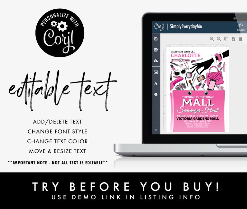 May include: A pink and black printable invitation for a mall scavenger hunt birthday party. The invitation features a hand holding a pink purse with makeup and other accessories. The text on the invitation reads "Celebrate with us, Charlotte, Turning 13 Birthday Mall Scavenger Hunt, Friday June 1st 3:00pm-5:00pm, Victoria Gardens Mall".
