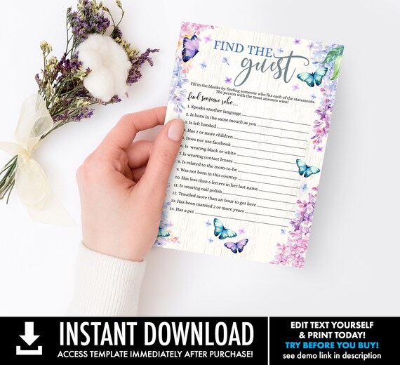 Find the Guest Baby Shower Game - Butterfly Baby Shower Game, Spring, Garden, Flowers | Self-Edit with CORJL - INSTANT DOWNLOAD Printable Il_570xn