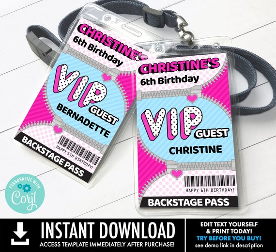 Girl's Glam VIP Badge, Backstage Pass, Glam Party Pass, Party Favors | Self-Edit with CORJL - INSTANT Download Printable Template