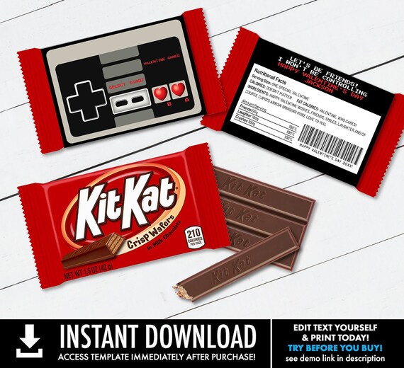 Valentine Video Game Kit Kat Candy Bar Label/Wrapper - Valentine Card, Retro Gamer | Self-Editing with CORJL - INSTANT Download Printable Il_570xn