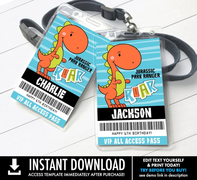 May include: Two printable dinosaur birthday party badges with a blue and green striped background. The badges feature a cartoon orange dinosaur with the text "Jurassic Park Ranger" and "Roar". The text "Charlie" and "Jackson" are printed on the badges, along with the text "Happy 6th Birthday!" and "VIP All Access Pass".