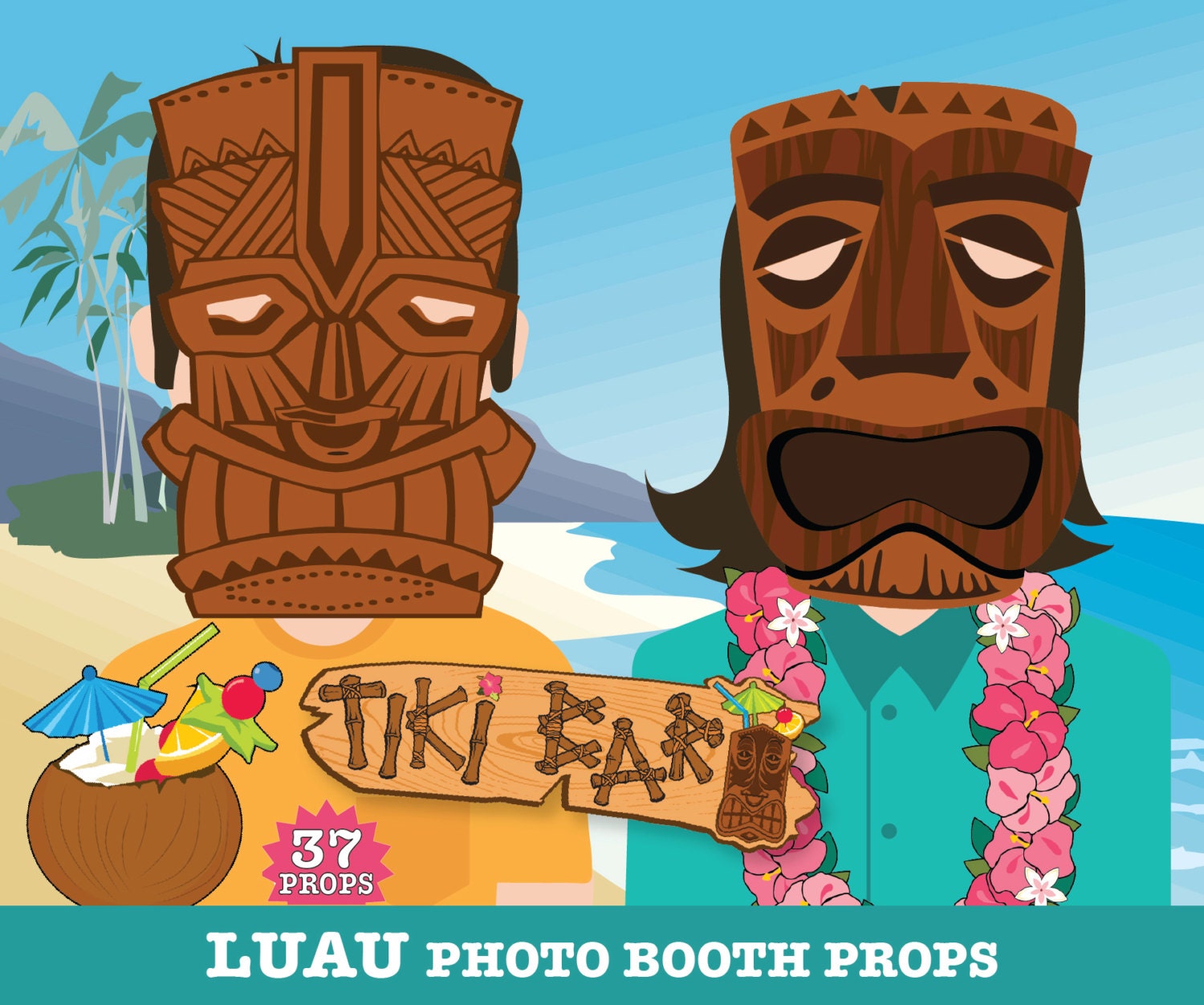 Hawaiian Photo Booth PriNst Props - Pack Of 30, Luau Party Decorations Luau Photo Booth Props Hawaiian Party Decorations Luau Photo Props Hawaiian Pro