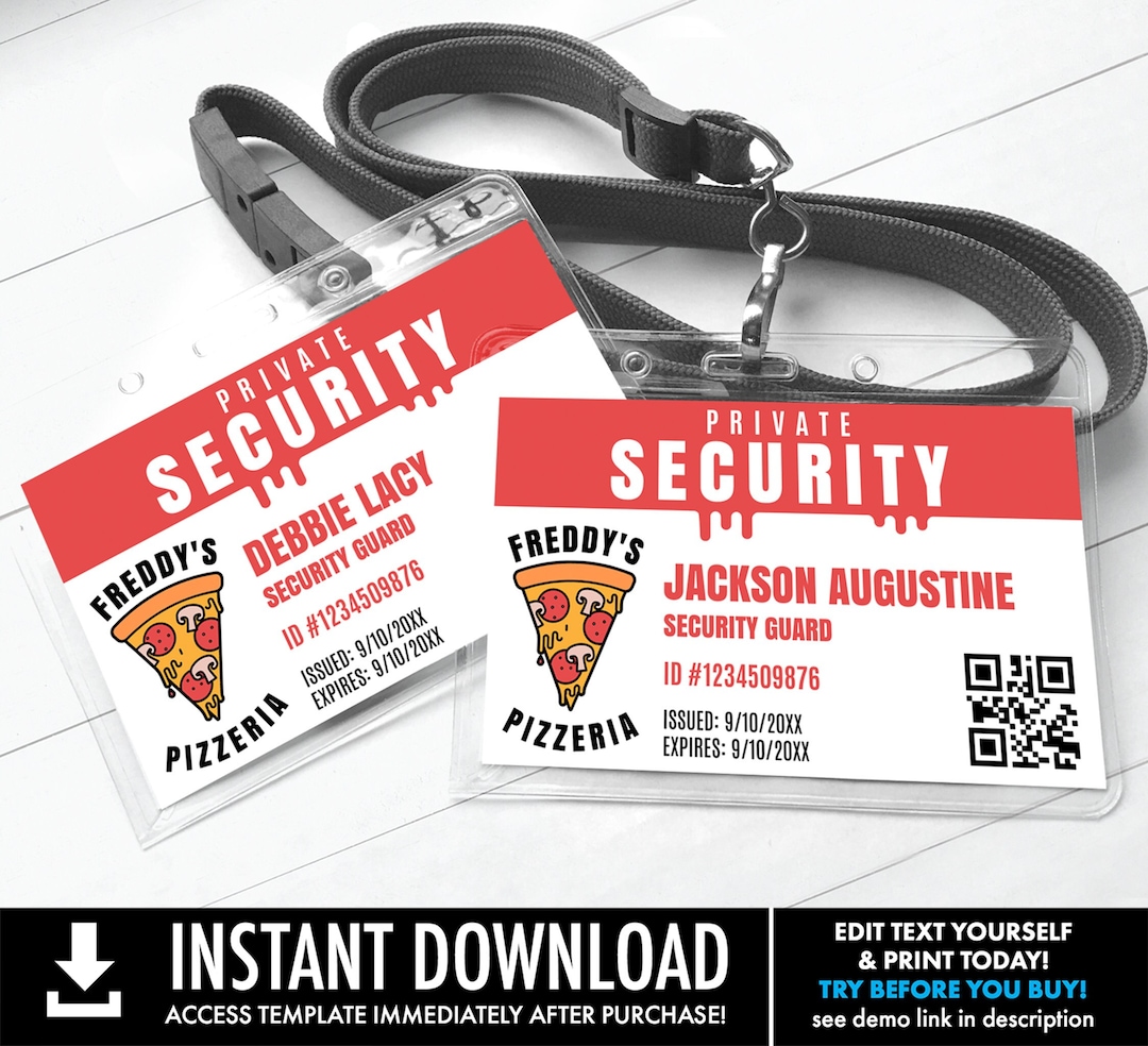 FNAF Freddy's Pizza Security ID Badge, Video Gamer Birthday Party Badge ...