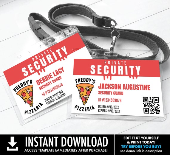 FNAF Freddy's Pizza Security ID Badge, Video Gamer Birthday Party Badge, I.D. Name Tag | Personalize using Corjl–INSTANT Download Printable