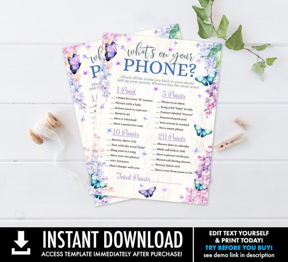 What's On Your Phone Game - Butterfly Baby Shower Game, Flower & Butterflies | Self-Edit with CORJL - INSTANT DOWNLOAD Printable Il_570xn