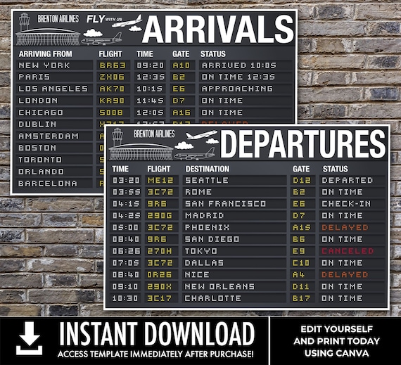 Airplane Party Poster - 36x24 Arrival & Departure TWO Sign Set, Airport Terminal Signs| Edit with CANVA - INSTANT Download Printable