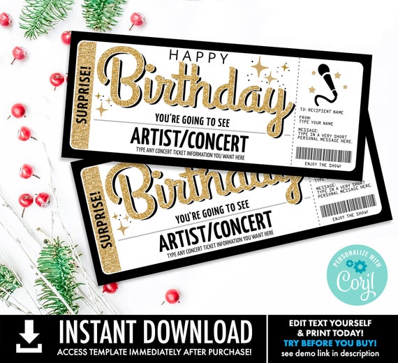 Birthday Concert Ticket Gift Certificate, Concert Surprise Gift Voucher, Birthday Gift | Self-Edit with CORJL-INSTANT DOWNLOAD Printable